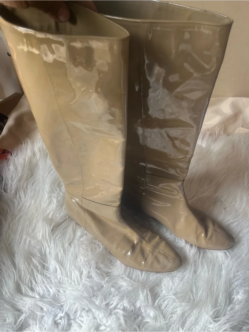 Loeffler Randall Glossy Patent Over-the-Knee Boots in Beige